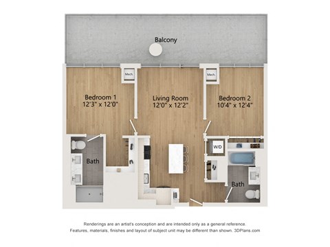 Floor plan for 2 beds, 2 baths, 848 sqft
